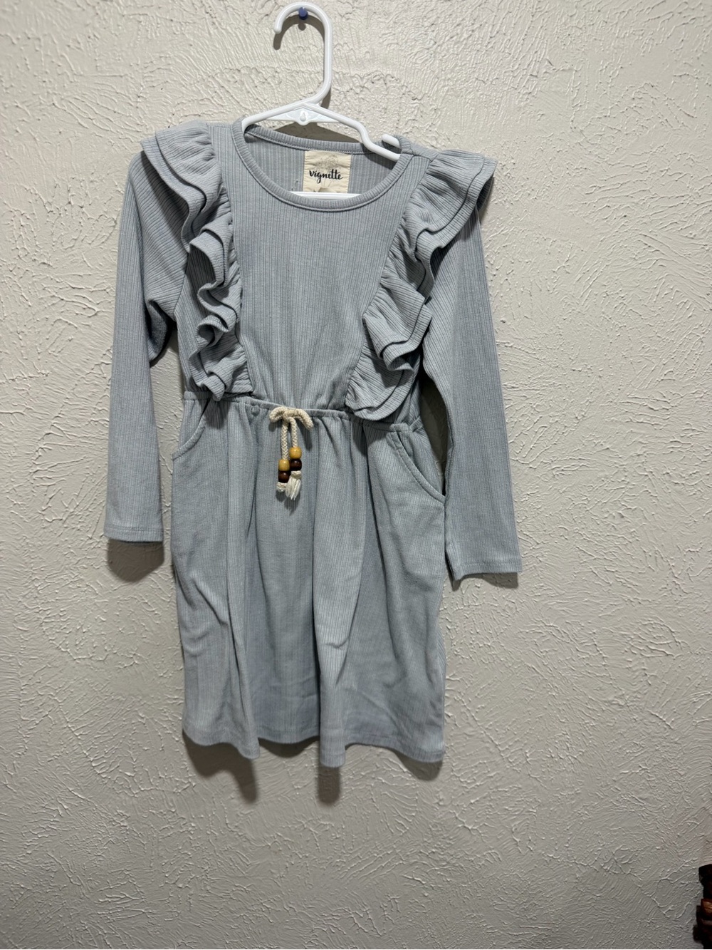 Vignette Girls' Ruffle Drawstring Long-Sleeve Dress in Soft Blue